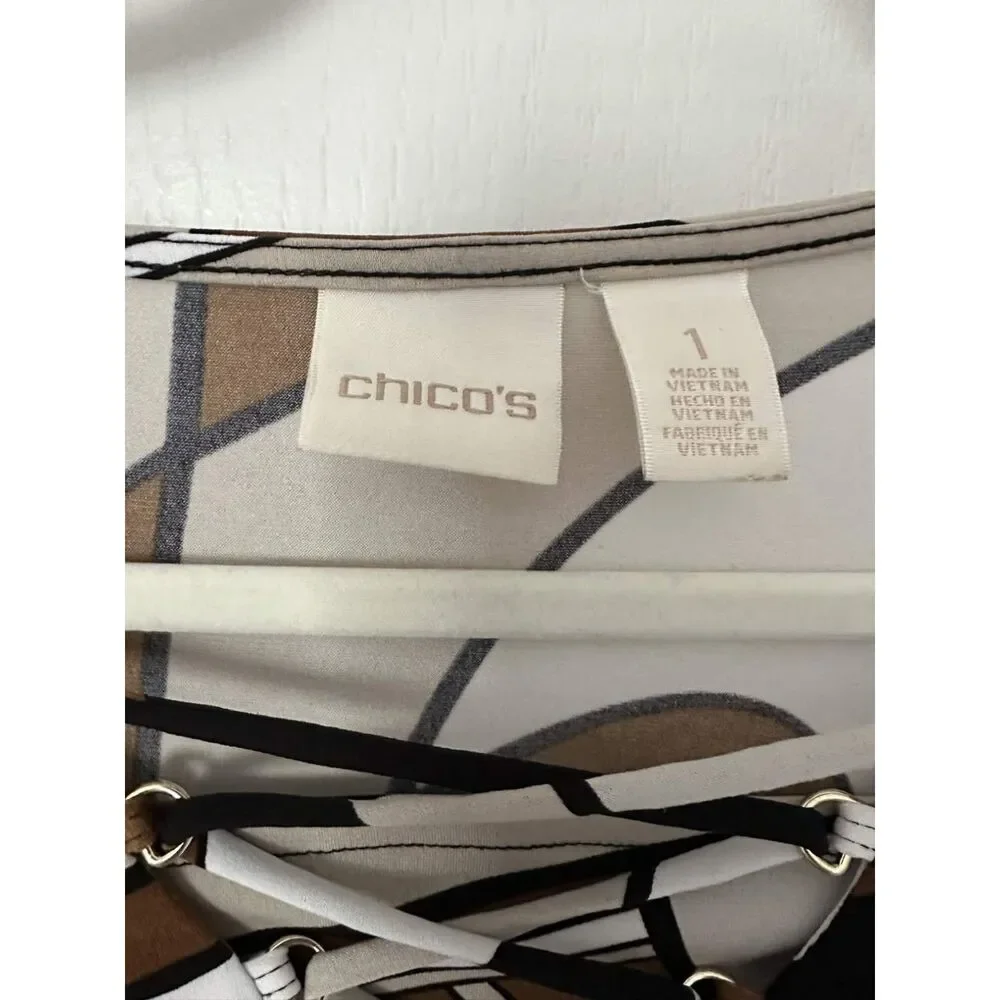 Chico’s Size 1 Abstract Print Lace-Up Brown Black Cream 3/4 Sleeve Stretch Top - Picture 5 of 8